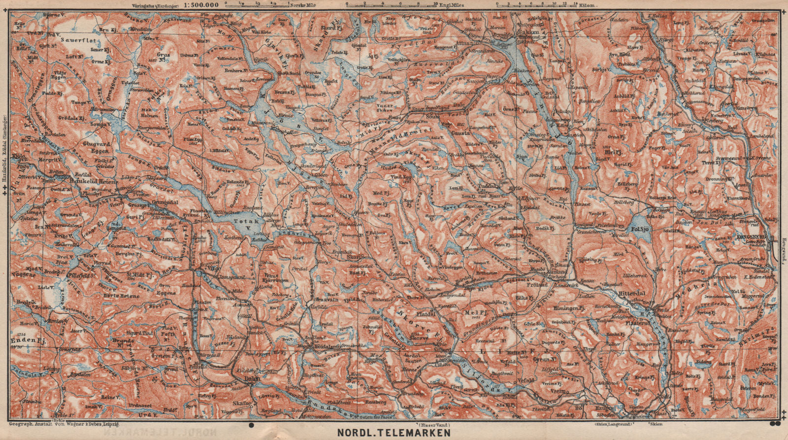 NORTH TELEMARKEN topo-map. Kongsberg Dalen Bakken. Norway kart 1899 old